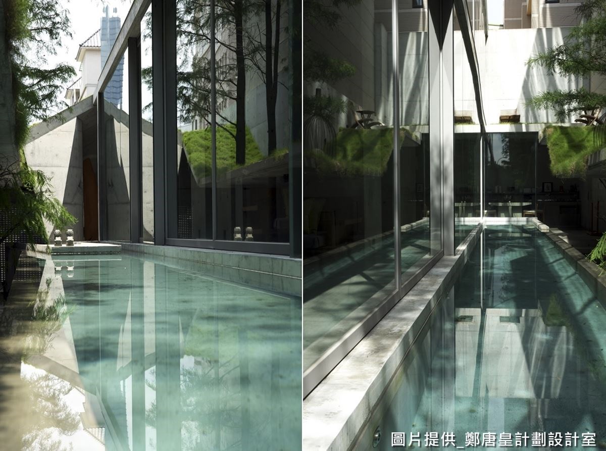 長型游泳池建於建築物玻璃外牆的側邊,宛如國外飯店的美感設計,並可藉由泳池調節溫度。 長型游泳池建於建築物玻璃外牆的側邊,宛如國外飯店的美感設計,並可藉由泳池調節溫度。